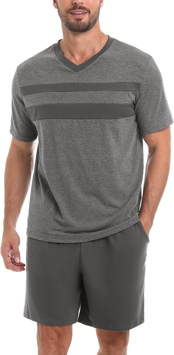 herenpyjama, katoen, korte mouwen, zomer, V-hals, contrasterende kleuren, tweedelige pyjama voor heren, casual, licht, zacht, ademend