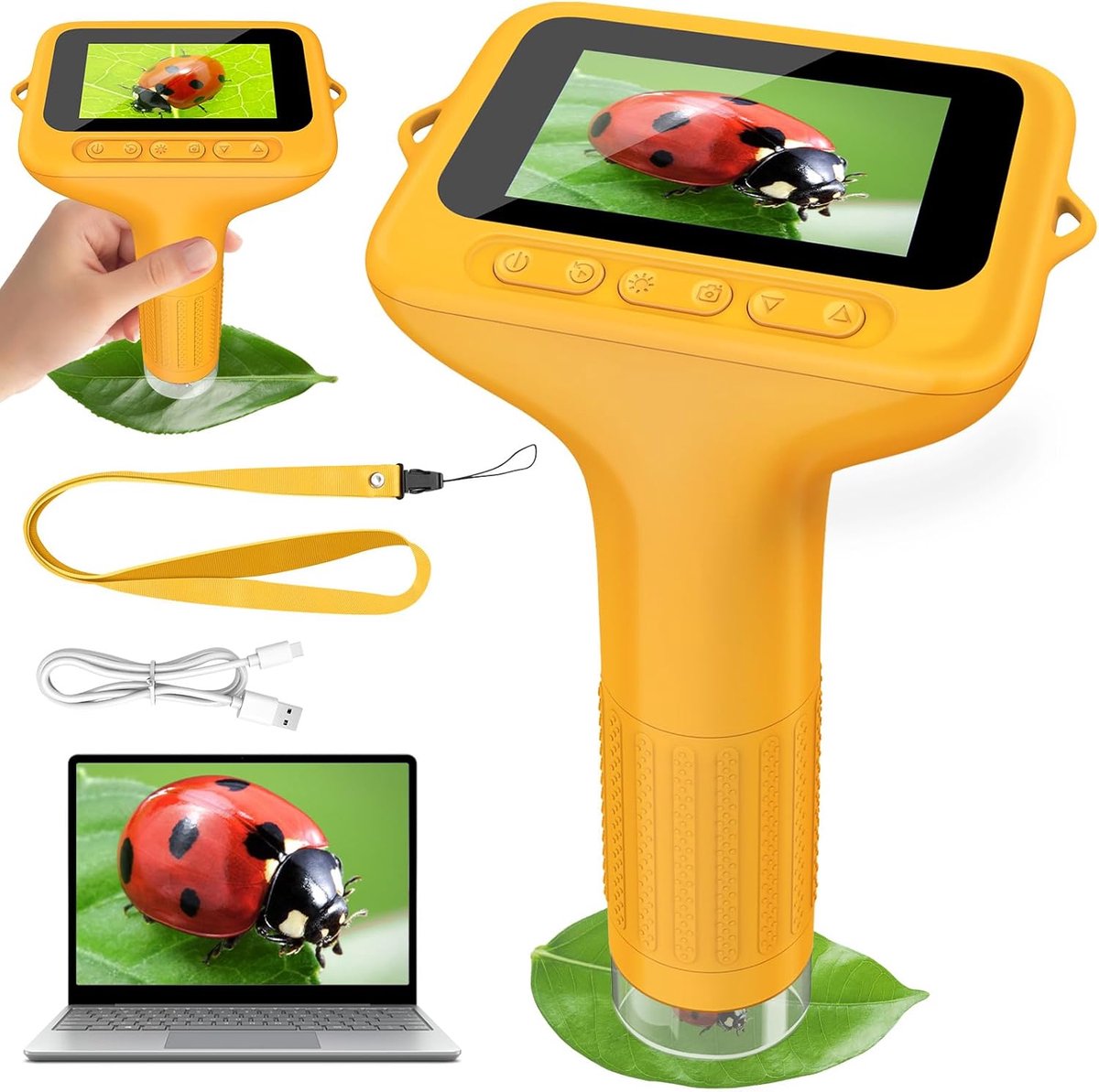 Microscoop Met 3 Inch HD IPS-Scherm 100-1000x Vergroting 8 LED-Lampjes - 1080p Foto/Video 32 Mb Geheugen Oplaadbare 1000 mAh Batterij Draagkoord Pc-Compatibel - Voor Jongens En Meisjes - Geel