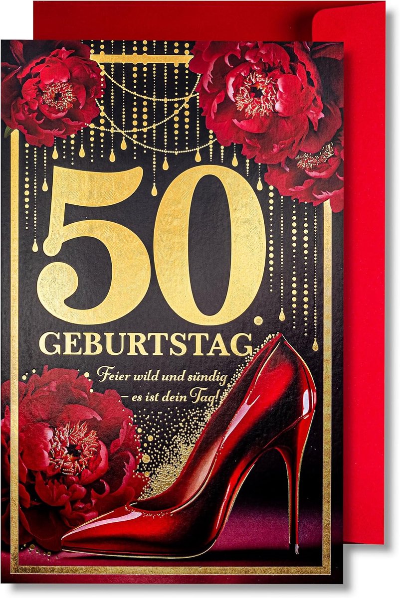 Verjaardagskaart voor vrouwen - vrolijke verjaardagskaart met envelop vol glans en glinsterend licht, dat zich weerspiegelt in het glinsterende aantal en de kleurrijke prints