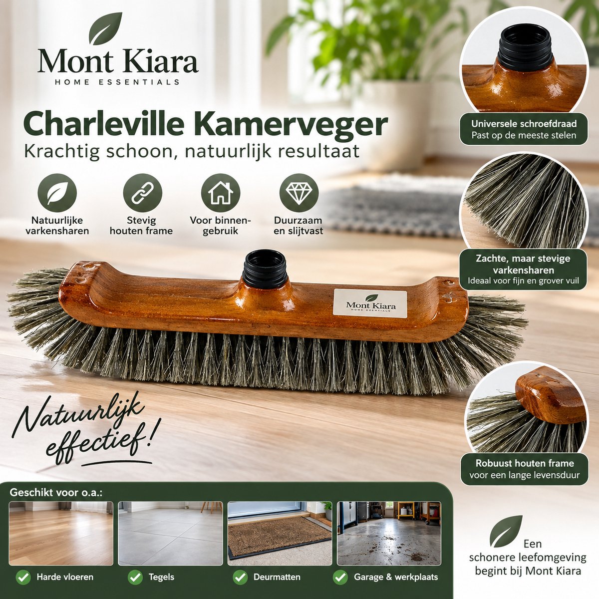 Mont Kiara Kamerveger Charleville – Houten Binnenbezem met Varkenshaar – Zachte Bezem voor Fijn Stof & Gladde Vloeren – Grijs