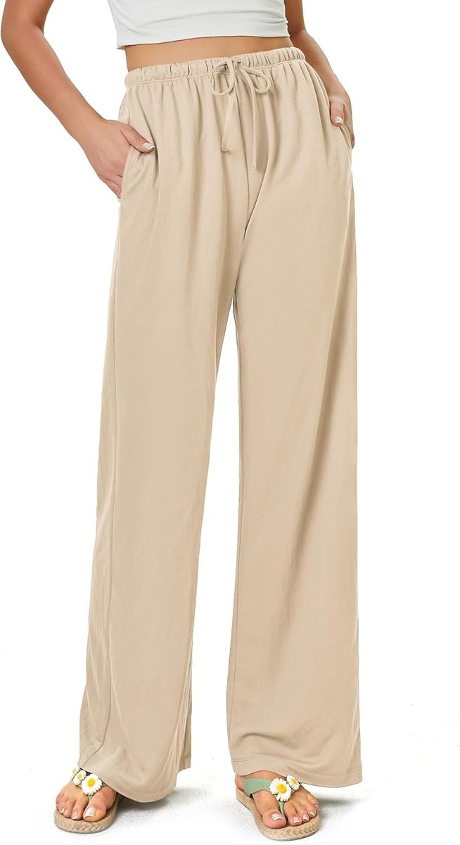 Damesbroek, flowy brede pijpen, vrijetijdsbroek, casual, strand, hoge taille, trekkoord, palazzo broek met zakken