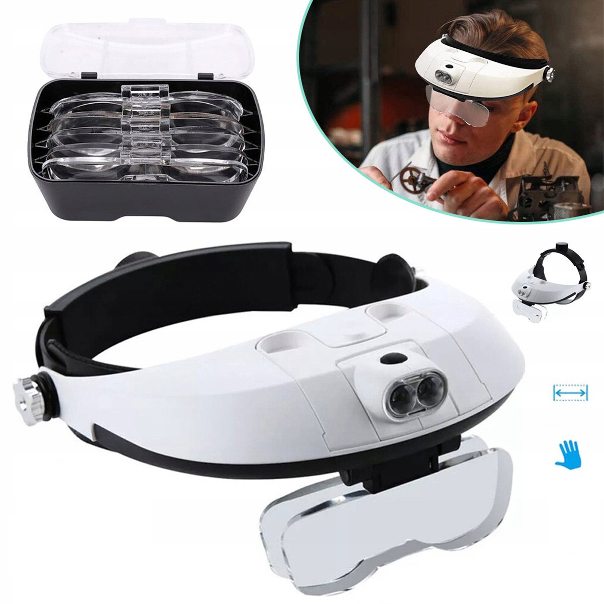 Verstelbare LED-Hoofdbandloep Met 5 Lenzen (1,0x-3,5x) - Verwijderbare Lichtbak, Comfortabele Pasvorm, Handsfree - Voor Horlogereparatie En Microgravure