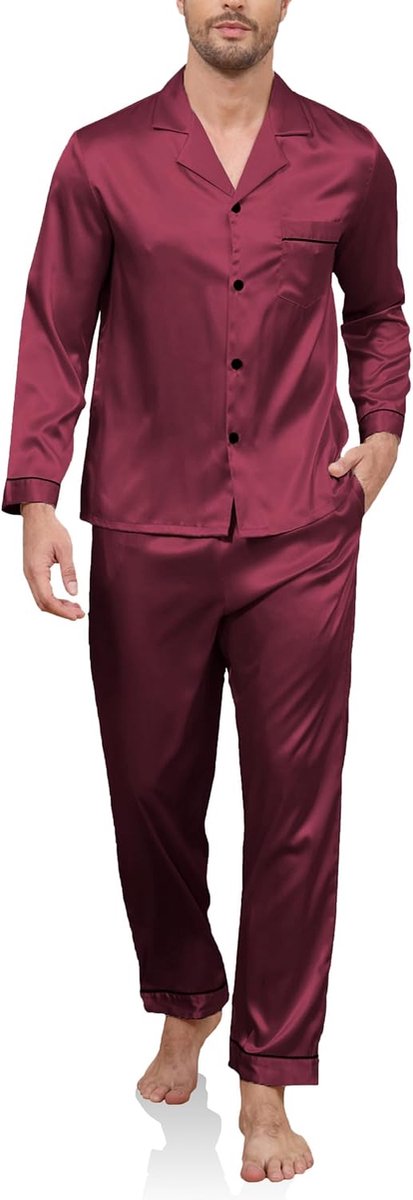 Pyjama heren lange satijnen pyjama set tweedelige lange mouwen mouwen knoopsluiting huispak en pyjamabroek zijden pyjama nachtkleding mannen huispak sleepwear loungewear