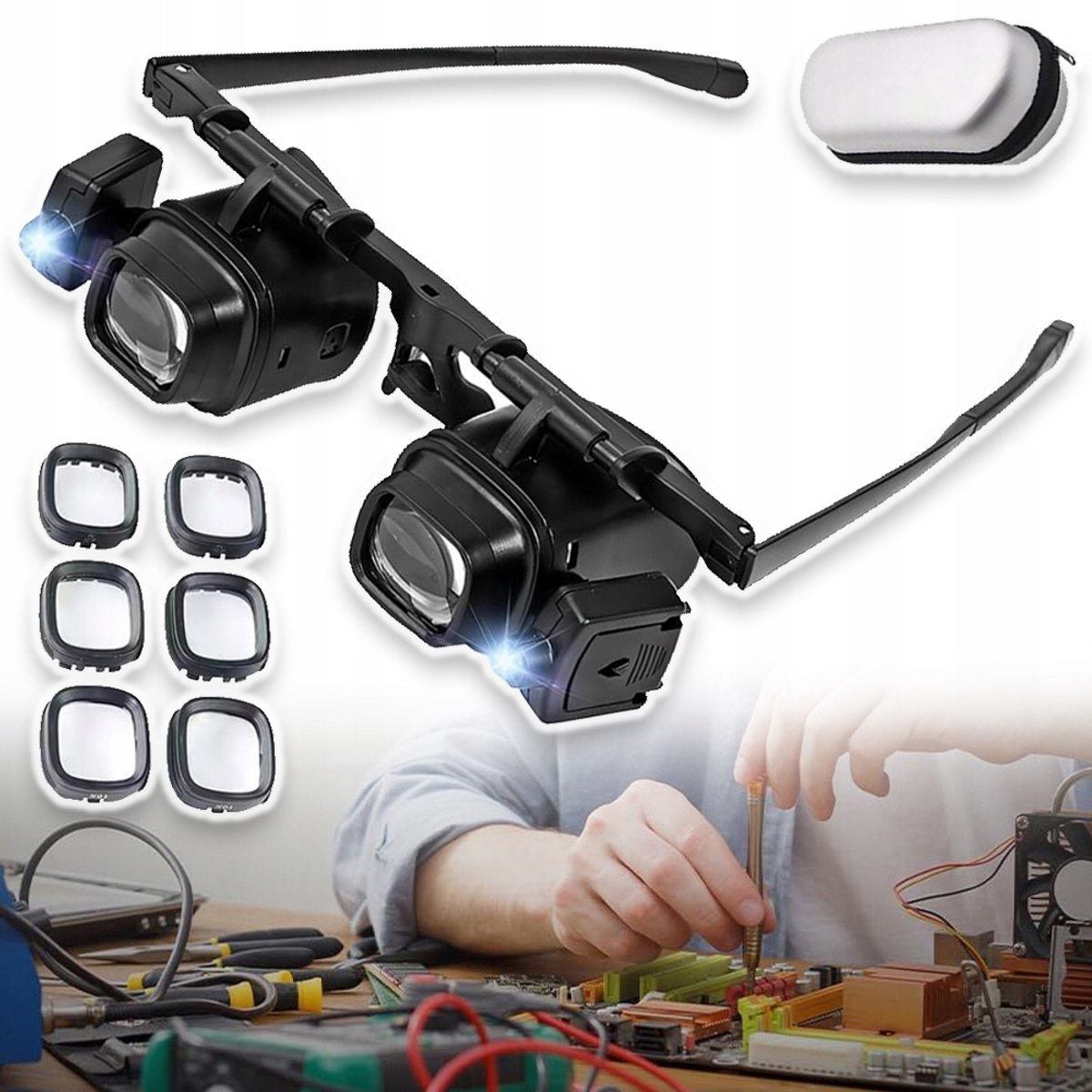 Hoofdband Vergrootglas Met 4 Lenzen (2x/6x/10x/24x) En Dubbele Ledverlichting - Verstelbare Lenspositie Comfortabele Pasvorm - Voor Sieraden Knutselwerk En Precisiewerk - Zwart 142 mm