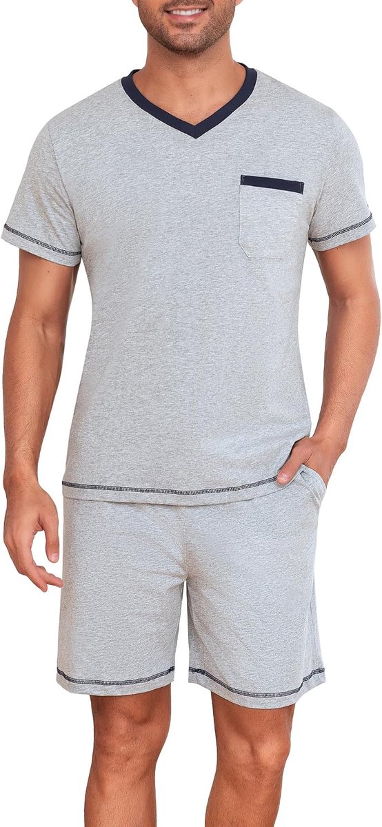 pyjama voor heren, van 100% katoen, V-hals, zomerpyjamaset met borstzak, ademende nachtkleding & loungewear voor mannen, zacht huispak, tweedelig