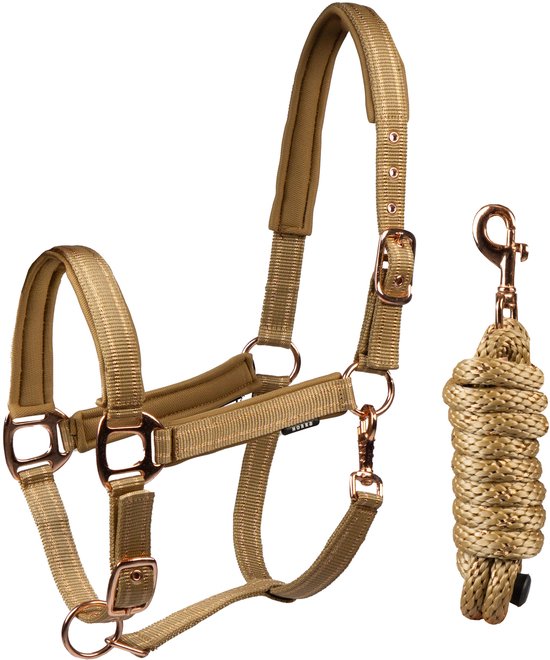 Beige halster met gouden gespen en bijpassend touw met karabijnhaak.