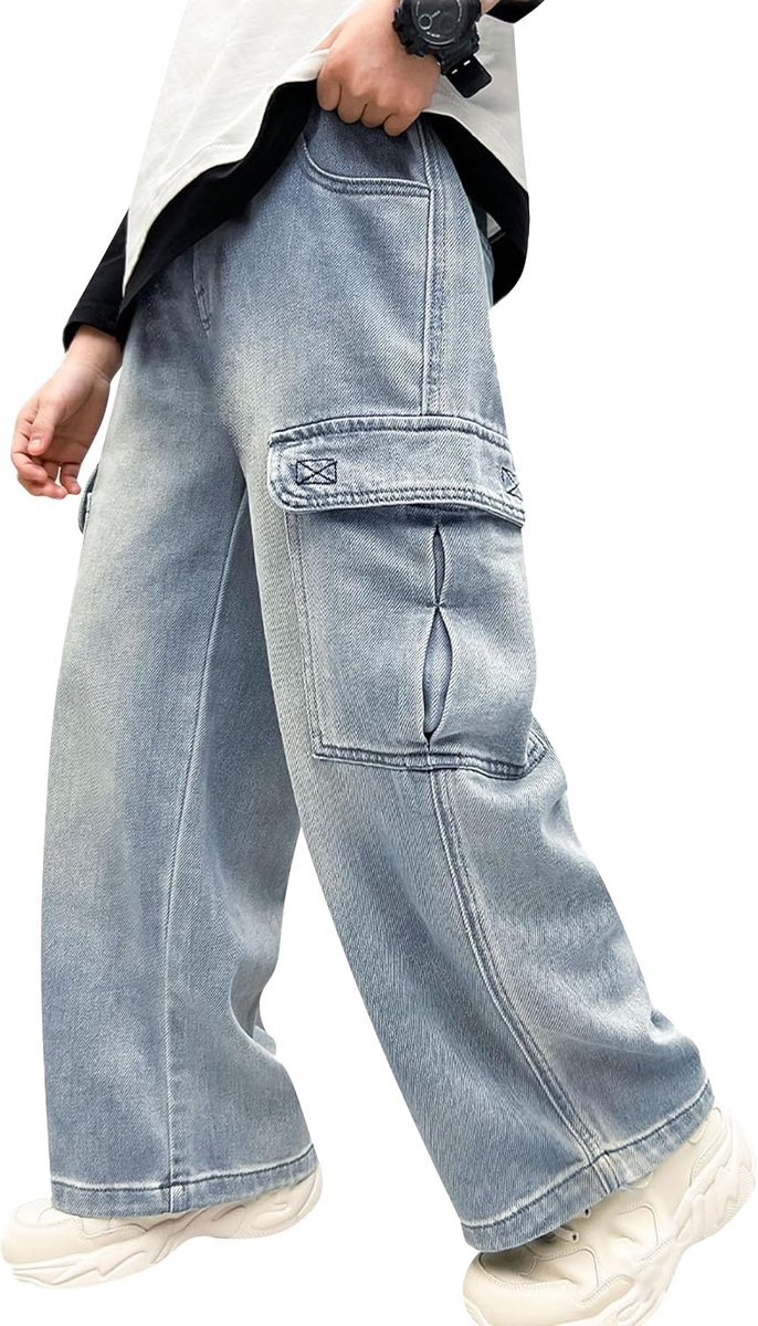 Jeans voor jongens, cargobroek, wijde pijpen, joggingbroek met meerdere zakken, elastische taille, denim broek voor tieners en kinderen