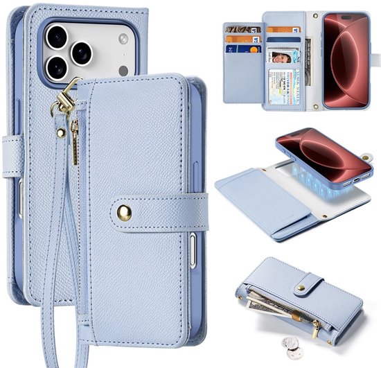 Collage van het blauwe Dux Ducis iPhone 14 Pro Max hoesje, met portemonnee, backcover en MagSafe functionaliteit.