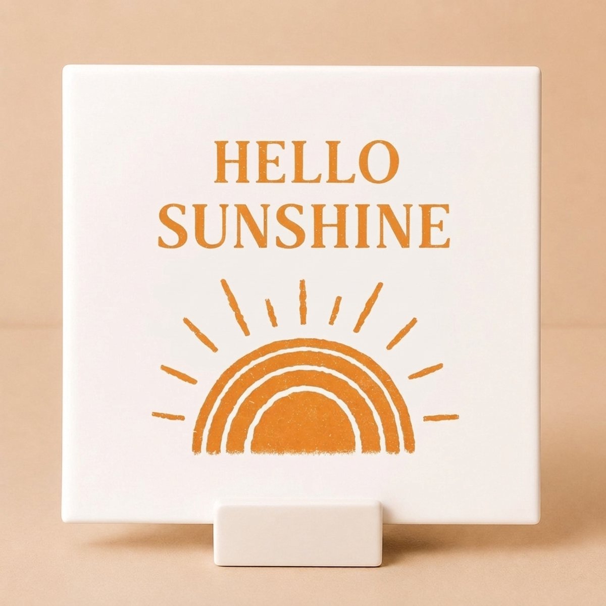 Tegeltje met Spreuk "Hello Sunshine" Zon – Keramisch Tegeltje 11x11 cm met Houdertje – Boho Wanddecoratie