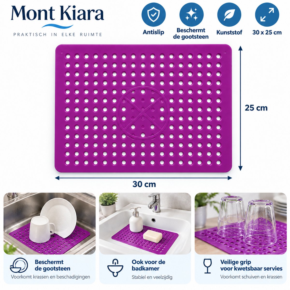 Mont Kiara Gootsteenmat Paars 30x25 cm – Antislip Kunststof Spoelbakmat – Bescherming voor Servies, Glazen en Gootsteen