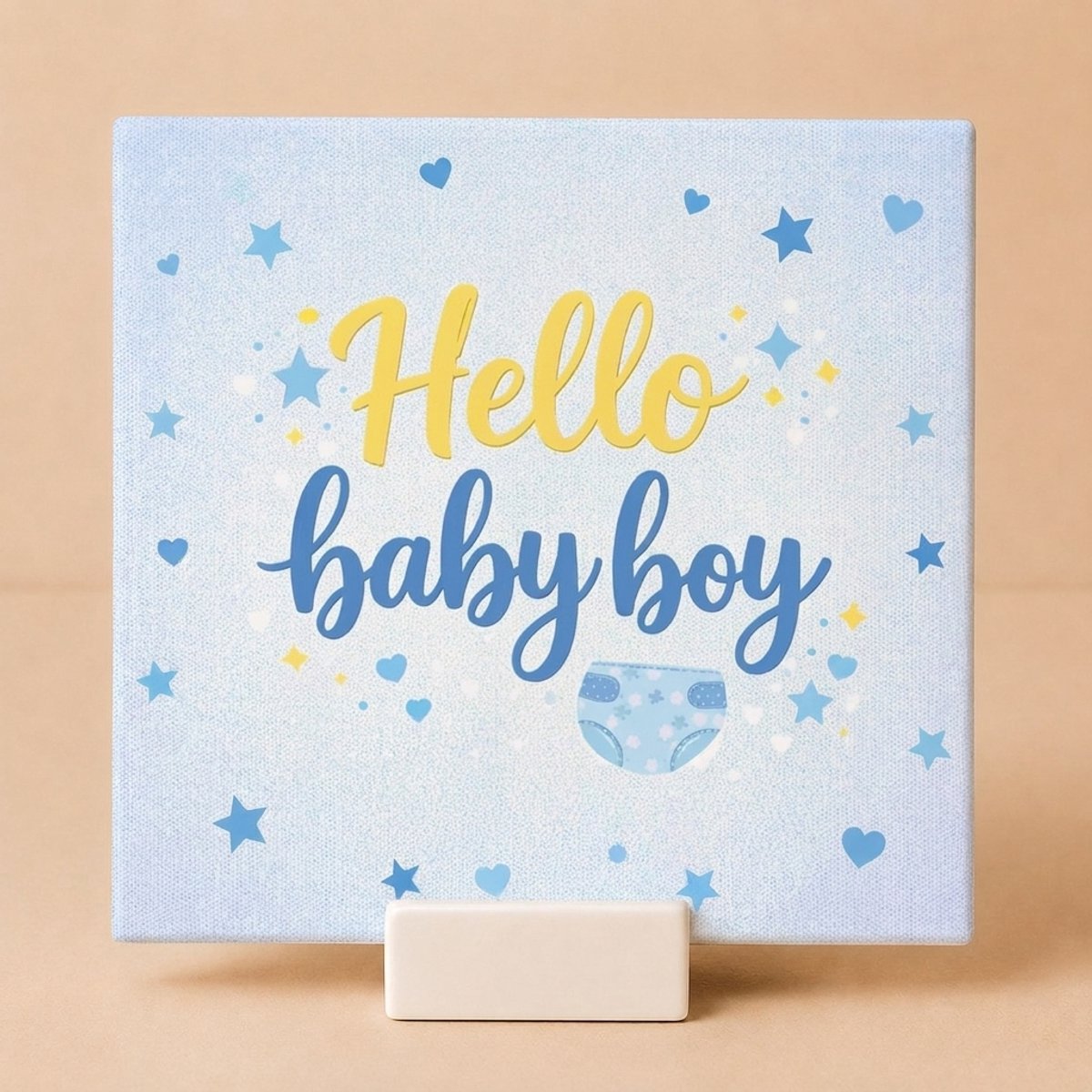 Tegeltje "Hello Baby Boy" Blauw – Keramisch Tegeltje 11x11 cm met Houdertje – Kraamcadeau Jongen