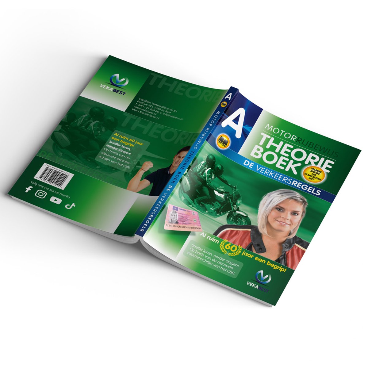 Motor theorieboek met op de voorkant een motorrijder, een rijbewijs en een blonde vrouw met motorjas. Met de tekst 'Motorrijbewijs Theorieboek De Verkeersregels'.