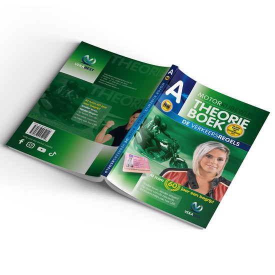 Motor theorieboek met op de voorkant een motorrijder, een rijbewijs en een blonde vrouw met motorjas. Met de tekst 'Motorrijbewijs Theorieboek De Verkeersregels'.