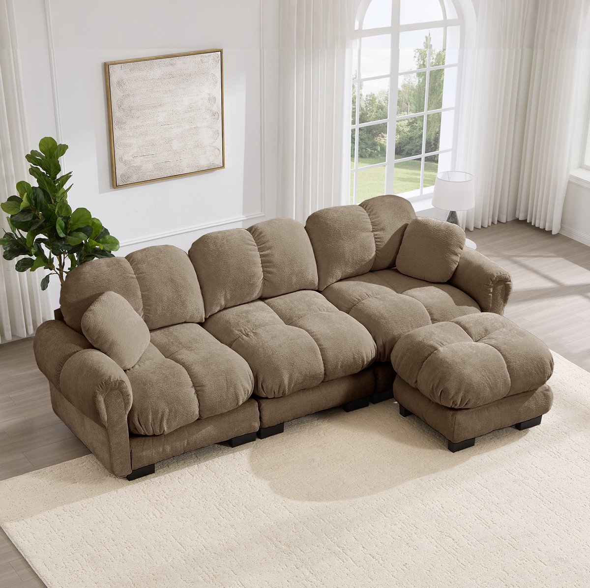 MODFU Hoekbank - 3-Zits - L-Vormig - Chenille - Bruin - Met Ottomane