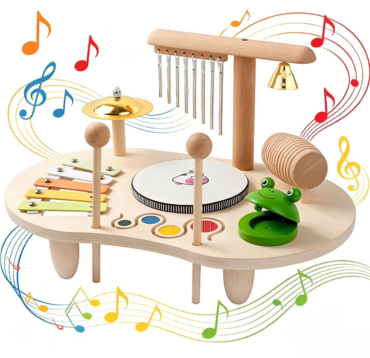 Houten Montessori Muziektafel – Kinderspeeltafel met Xylofoon, Trommel & Windspel – Vanaf 18 maanden