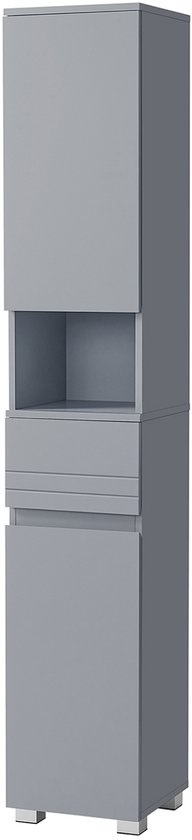Grijze hoge opbergkast met gesloten vakken, een open vak en een lade.