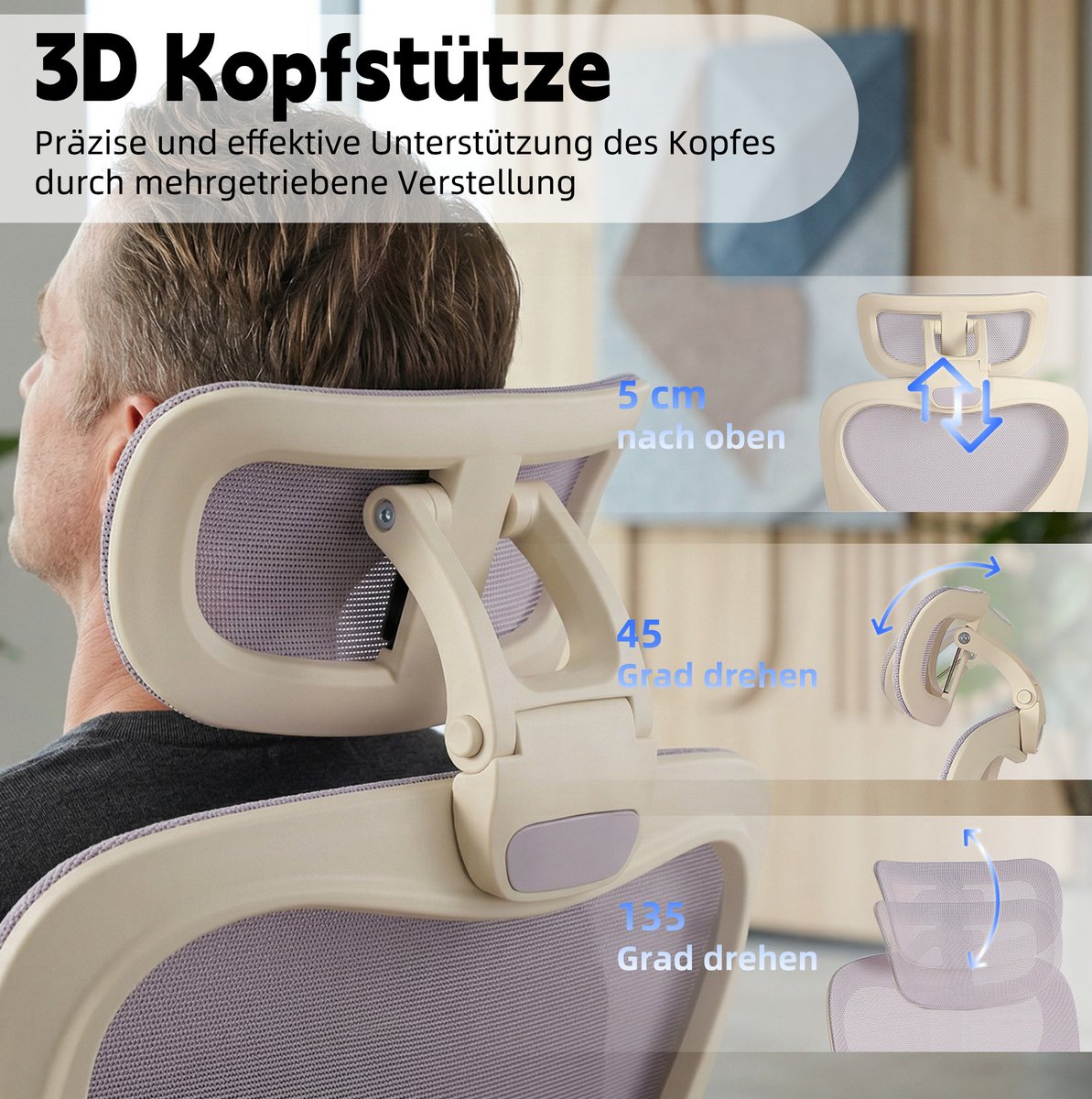 Ergonomische Bureaustoel 67 Cm - Inklapbare Rugleuning, 3D Hoofdsteun En Lendensteun - Voor Werk, Studie En Spelen - Ademend Netweefsel Paars