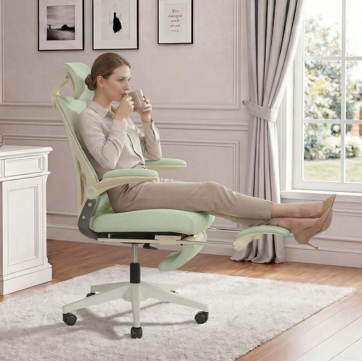 DESMIU Ergonomische Bureaustoel 129 cm - Opklapbare Rugleuning Met 3D Hoofdsteun - Voor Werk Studie En Spelen - Netstof Groen