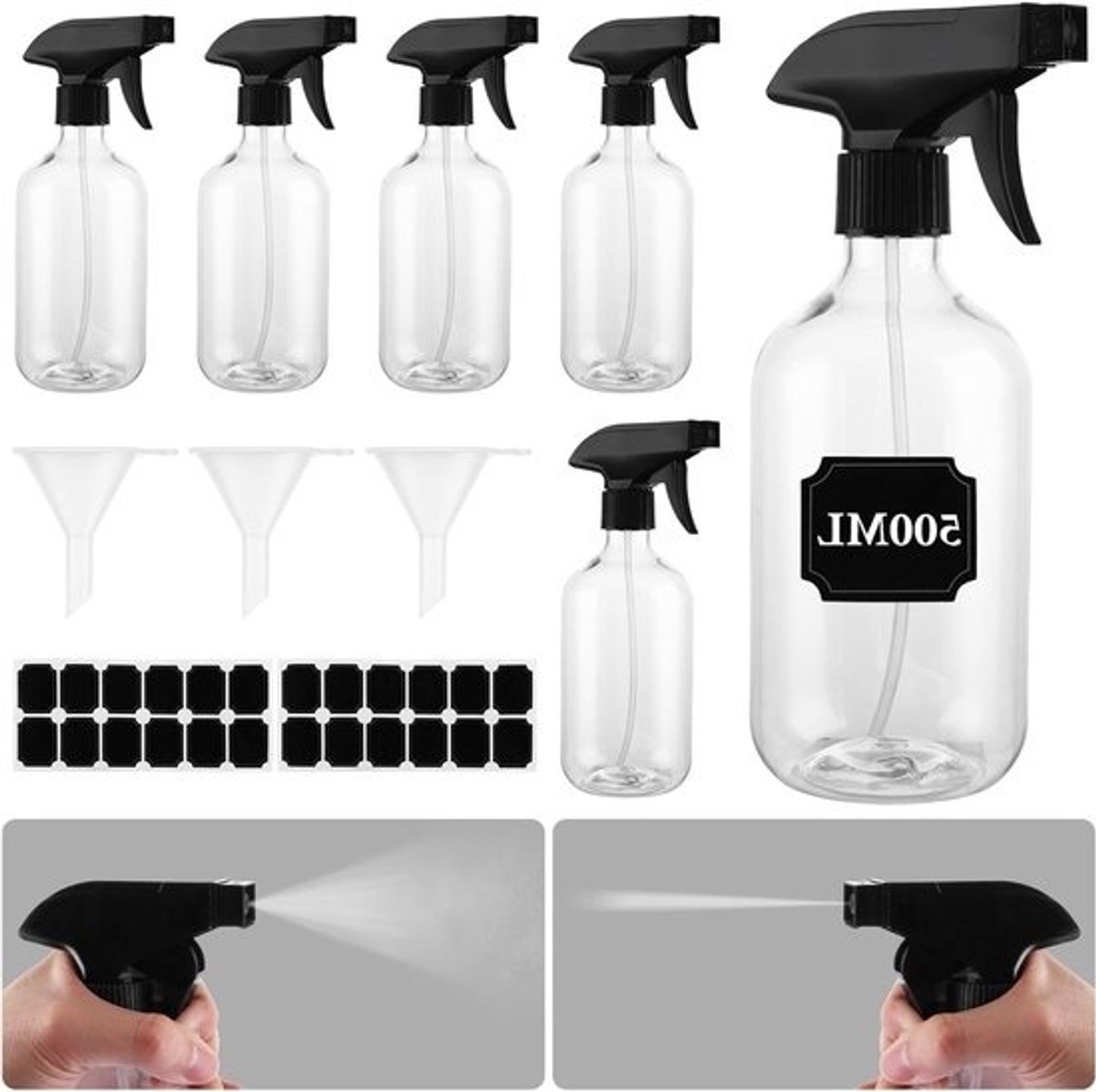 Set van 6 sprayflessen 500 ml - Lege plastic sprayflessen - Met 3 trechters en 24 labels - Voor water, planten, reinigers en haarverzorging