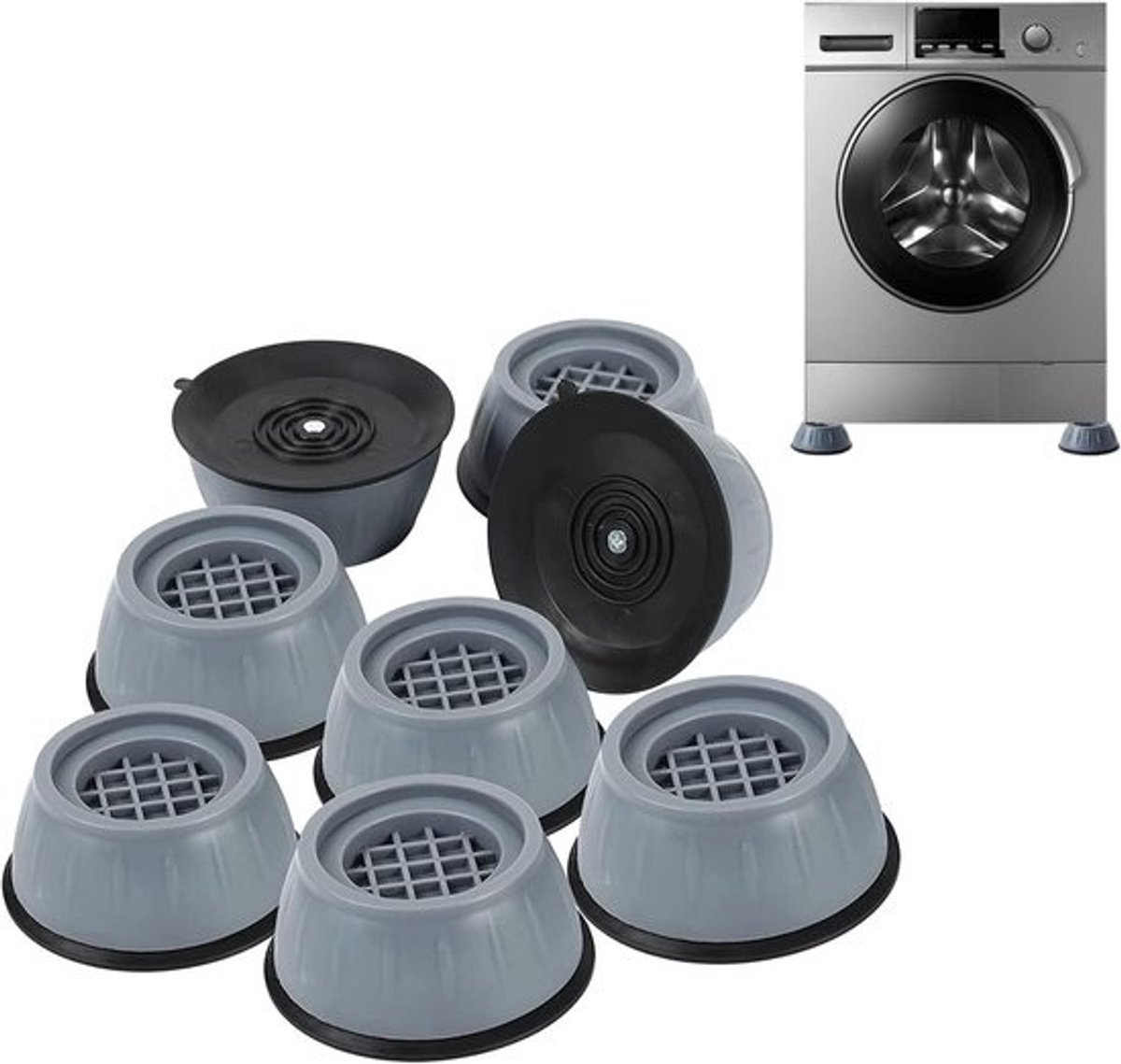Antivibratiepads voor de wasmachine - Stabilisatorvoetjes voor apparaten - Voor het stabiliseren van apparaten - Schok- en geluidsdempend - Set van 8 stuks - Grijs