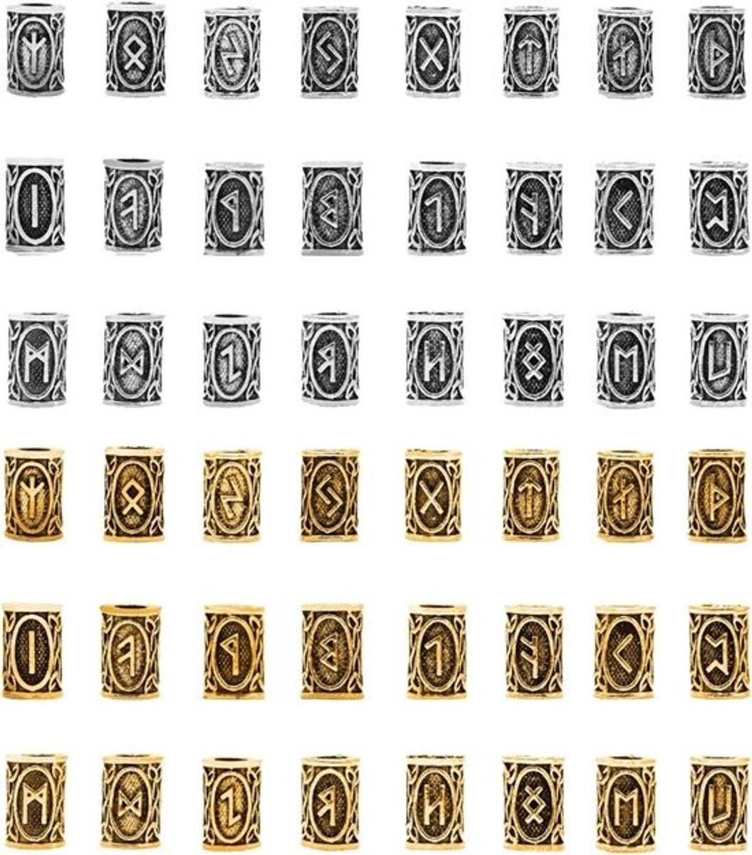Set van 48 Viking-baardenkralen met Noorse runen - Voor haarvlechten, armbanden en kettingen - Zilver en antiek goud