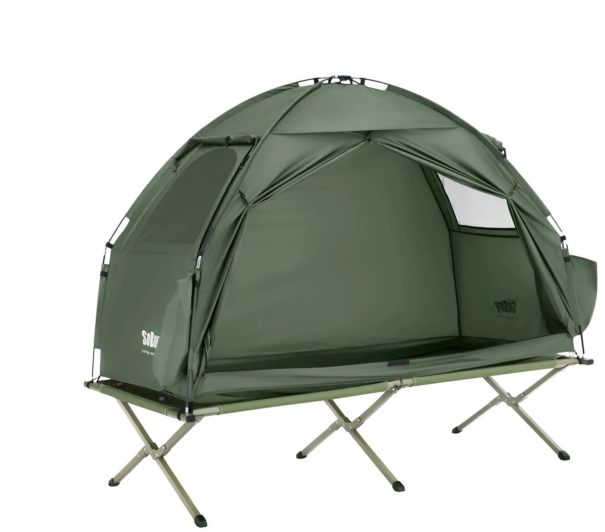 Sellino Kampeertent - 3-in-1 Tent voor 1 Persoon - Met Kampeerbed, Lamphaak & Schoenenopbergzakken - Groen - 193 × 160 × 86 cm