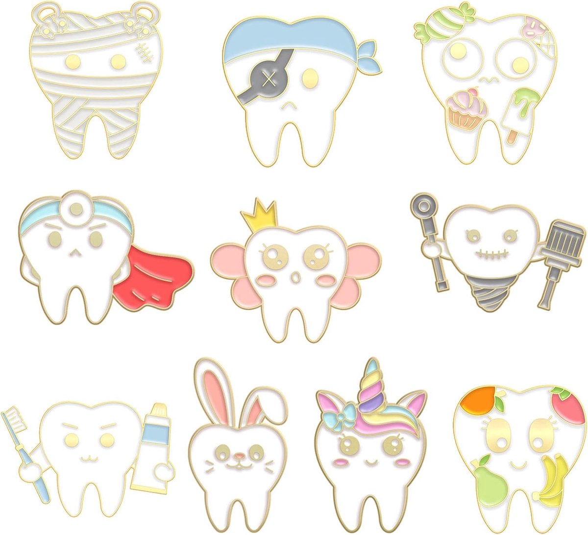 10 stuks cartoontanden, broche, emaille pinnen, tandartsrevers, pin, tand broche, esthetische tanden, broche, juwelen, tandartsaccessoires, kleine geschenken, souvenirs, voor kleding, tassen, sjaals