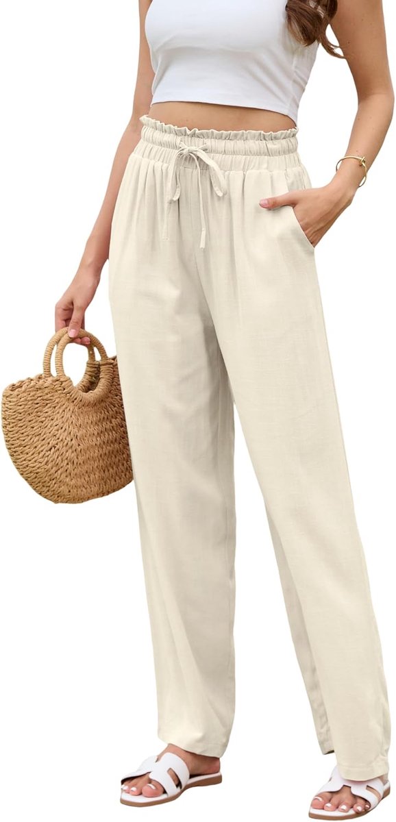 Zomerbroek voor dames, van linnen met zakken, broek met elastische tailleband