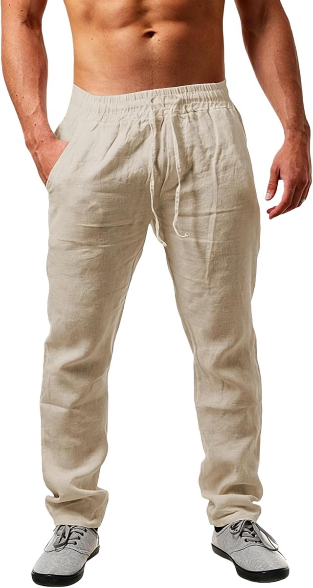Linnen broek heren lange lichte zomerbroek losse fit vrijetijdsbroek met trekkoord zakken voor vakantie strand dagelijks gebruik