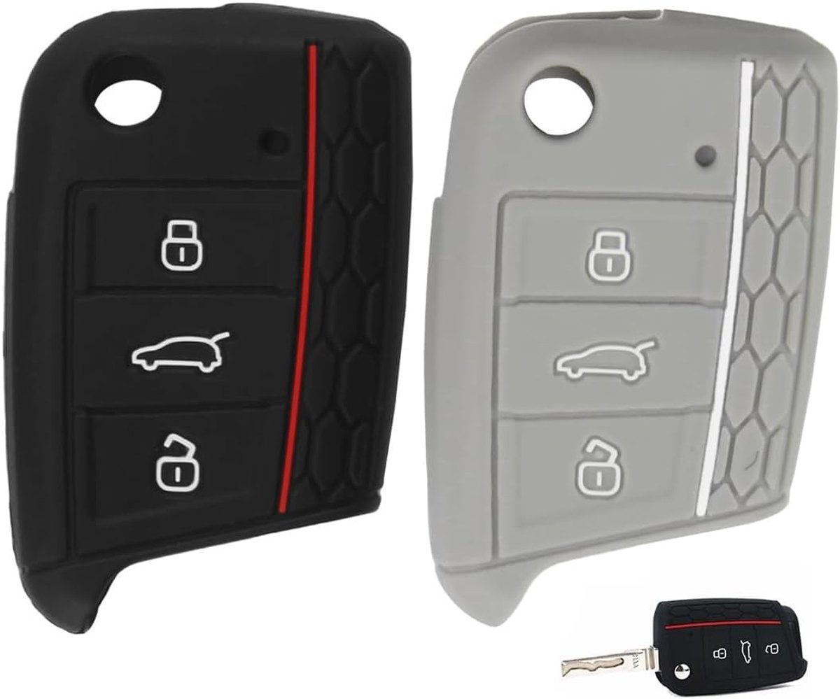 2 stuks, sleutelhoes voor VW Golf 7, Polo, Tiguan, Seat, Leon, Touran, Skoda, 3-toetsen, siliconen sleutelhoes, autosleutel, etui, beschermhoes, siliconen (grijs + zwart)