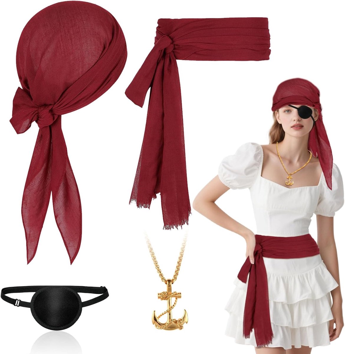 4 stuks piratenkostuum accessoires set, vintage middeleeuwse kapitein piraat fancy dress kit, bandana sjerp riem, anker hanger ketting, ooglapje, voor Halloween, cosplay, carnaval feest