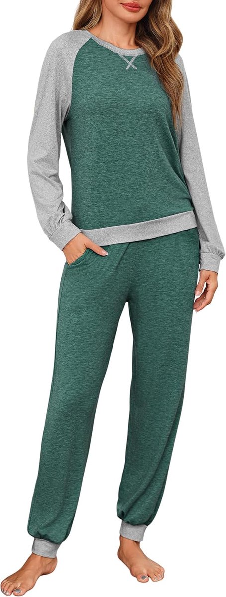 Pyjama voor vrouwen met raglanmouwen winter lange pyjamaset kleurblokkerende lichtgewicht nachtkleding pyjama top en slaapbroek met zakken