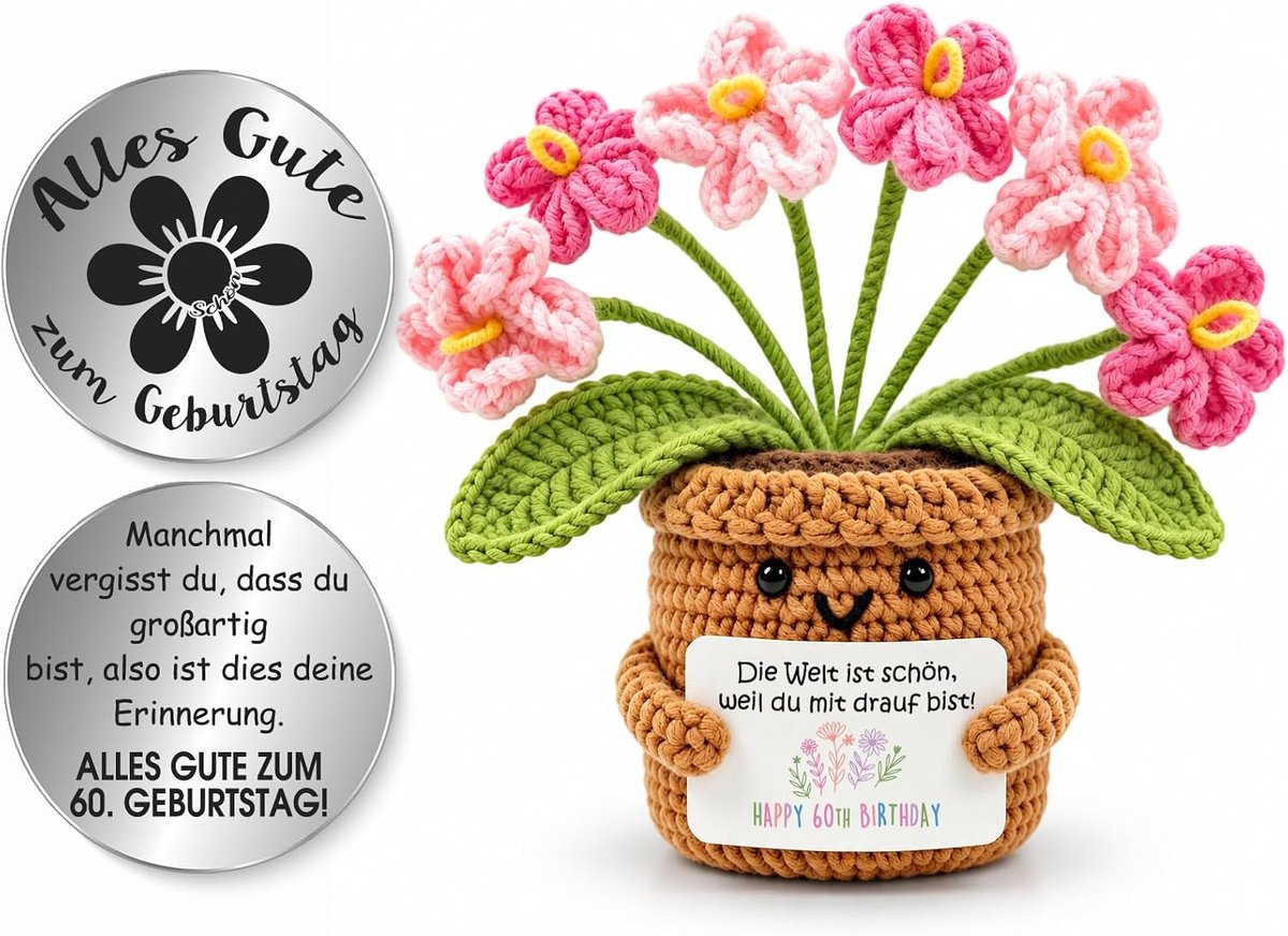 Pocket Hug Vergissmeinnicht-figuur van gebreide wol met kleine omarming, geluksbrenger, cadeau voor de 60e verjaardag voor mama, oma, tante, vrouwen