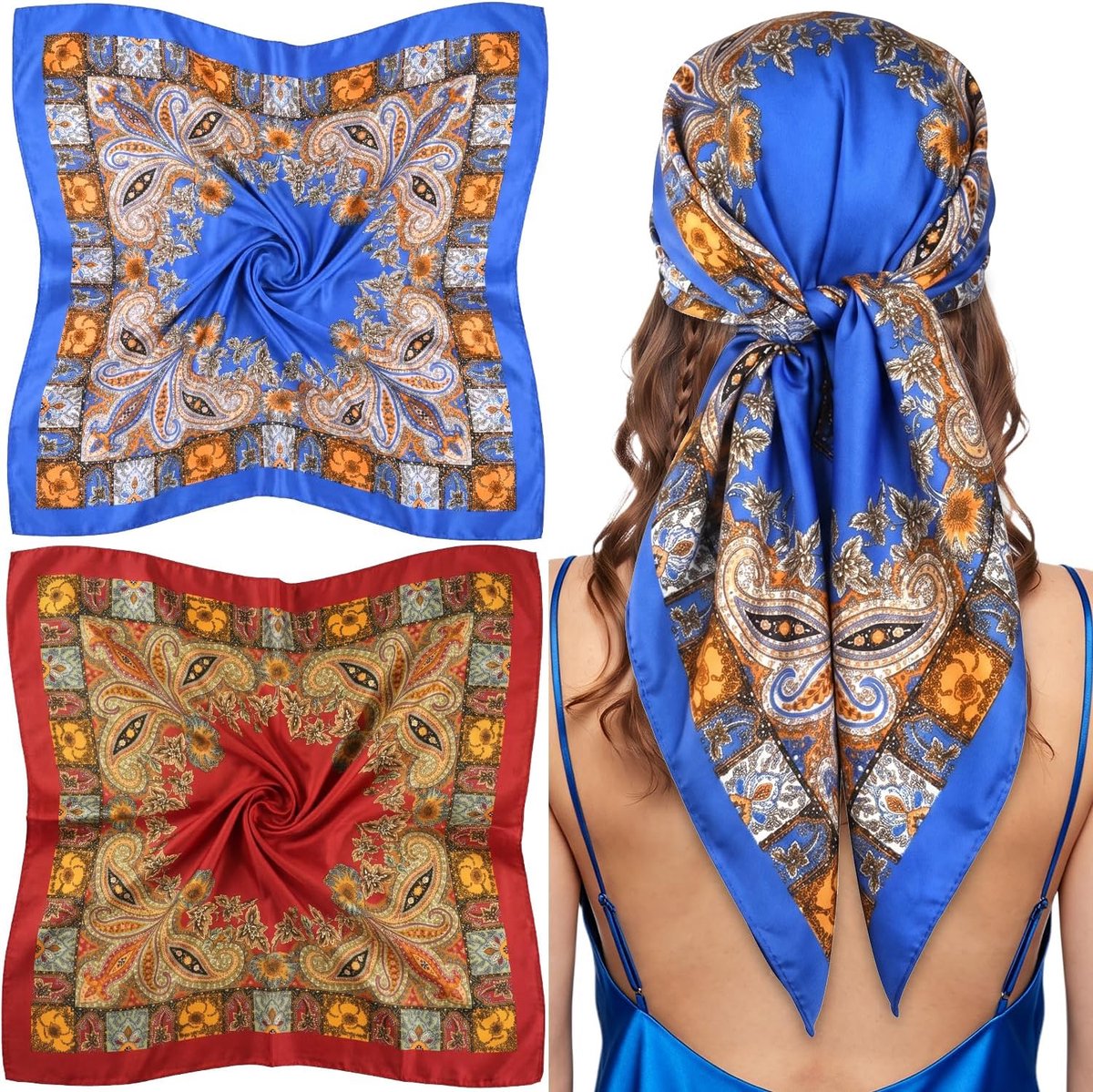 Satijnen Sjaal 90x90cm - 2 Stuks Zachte Hoofddoek voor Dames, Bandana's & Wikkeldoeken voor Haar en Nek