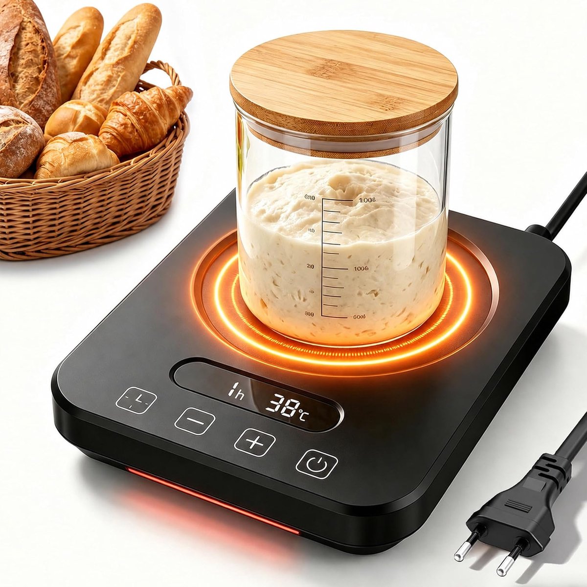 Zuurdeegstarterwarmer met thermostaat, gistmat 21-38 °C, verwarmingsplaat voor zuurdeeg, deeg en yoghurt, 12-uurs timer, geheugenfunctie, 18 W snelle verwarming, EU-stekker voor glazen tot 1200 ml