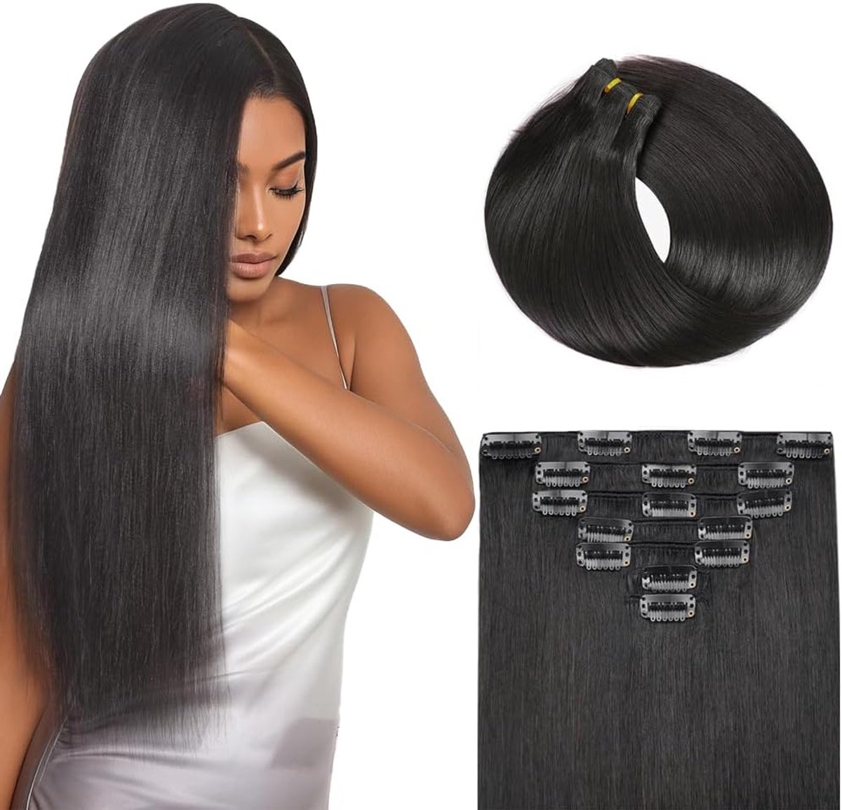 24 Inch Straight Clip in Human Hair Extension #1B Natural Black Color Menselijk haar verlengingsklem Double Weft Weave Knotless 7pz 120g Soft and Silky For Women