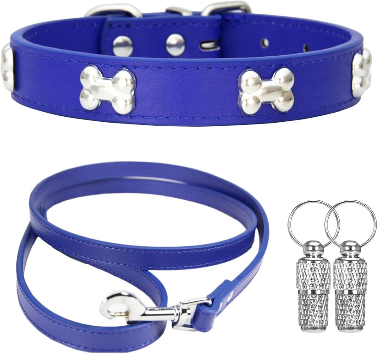 Halsband en riem, hondenhalsband van metaal, geschikt voor kleine middelgrote honden en katten, blauw, XS
