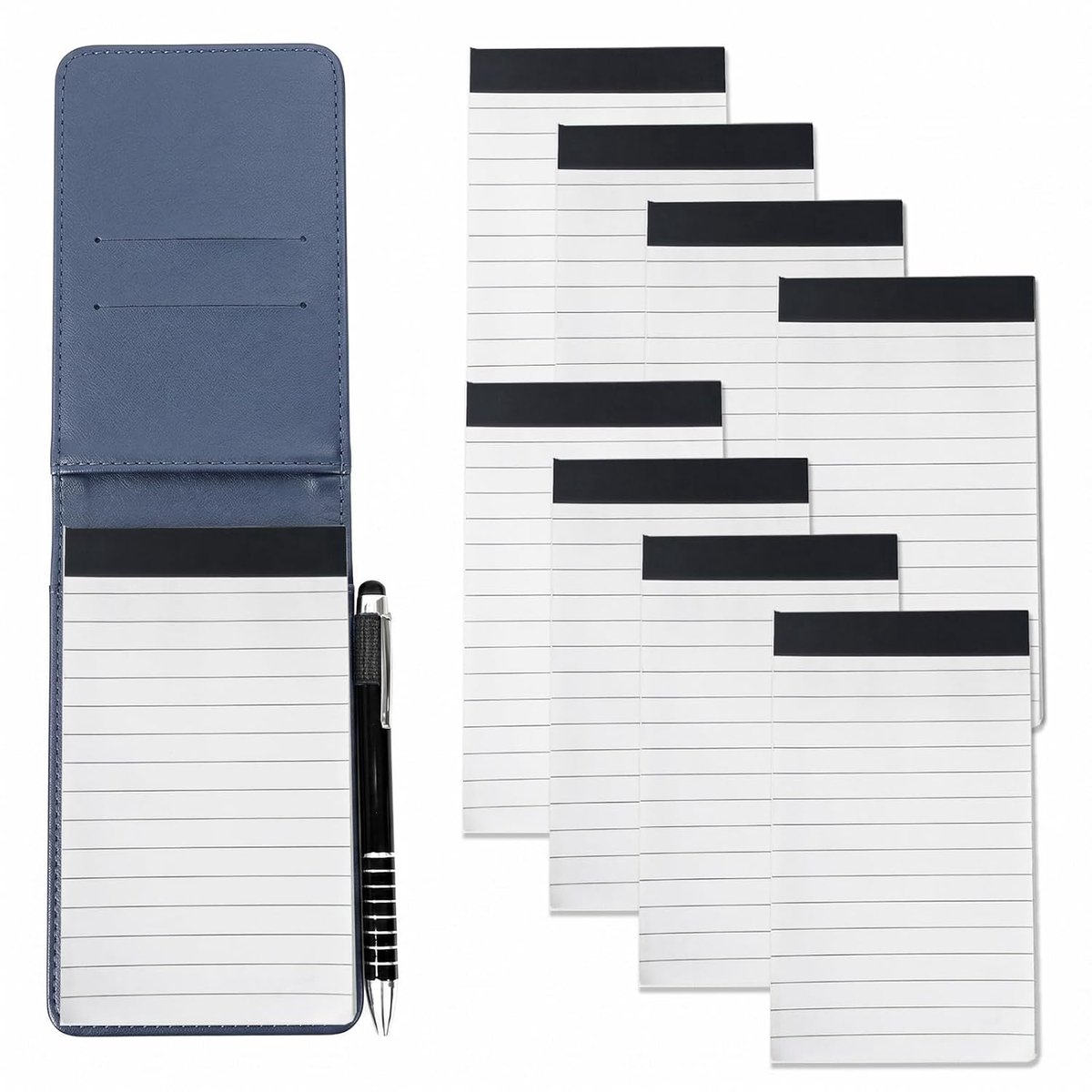 Notitieblokken met 50 vellen gelinieerd papier, mini-notitieboek en pennenset met 8 stuks navullingen, PU-lederen notitieblokken voor kantoor, school