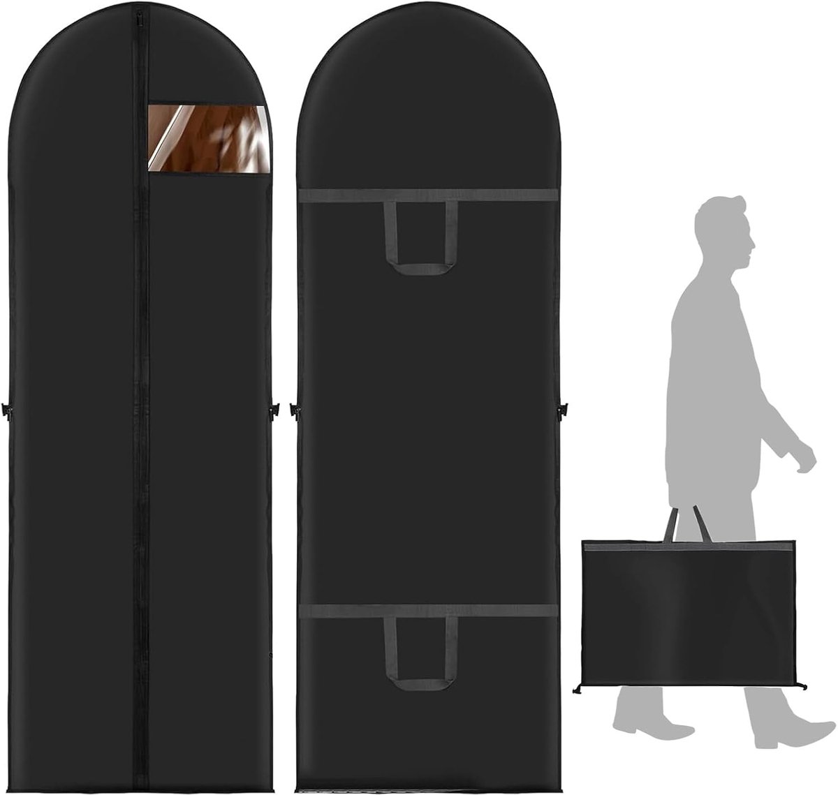 2 Stuks kledingzakken, Kostuumbeschermhoes, Stofdichte, Zwart, 180 × 60 cm, Opvouwbare Kledinghoes Met Handgrepen, Kledingtas voor Bruidsjurken, Avondjurken, Danskostuums