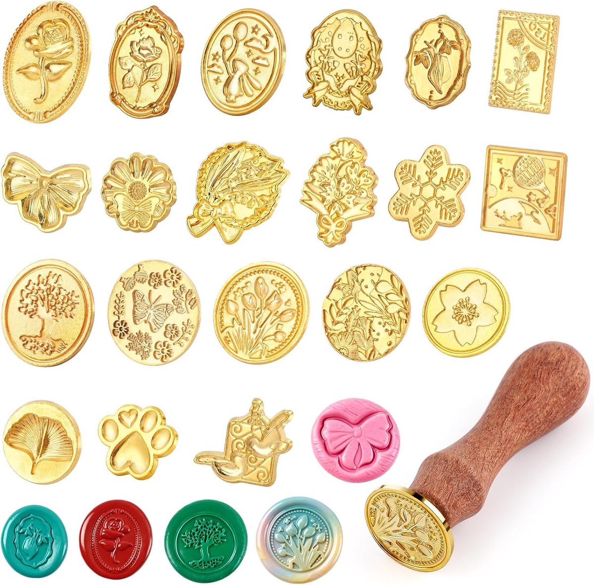 21 Stuks Waszegel Stempel Kit, Vintage Klassiek Messing Zegelwas Stempels met Verwijderbaar Houten Handvat, Waszegel Stempel Hoofden voor Bruiloft Uitnodigingskaarten, Enveloppen, Wenskaarten