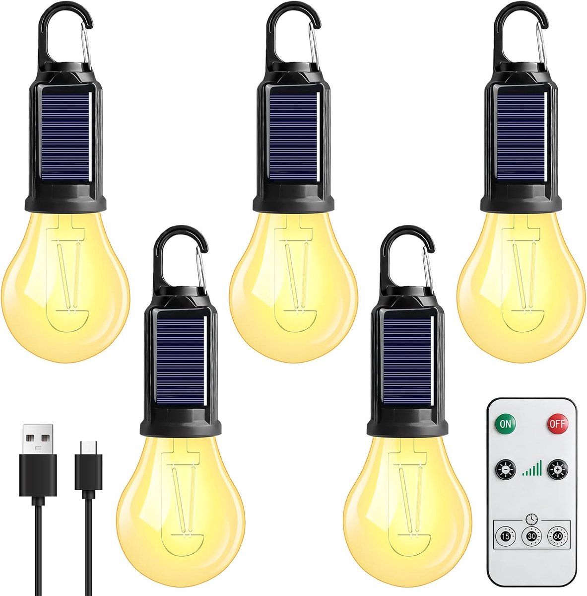 Oplaadbaar, 5 stuks led-campinglamp op zonne-energie, campinglampen, oplaadbare tentlamp, campinglantaarn met karabijnhaak, campinglicht, tentlamp, gloeilamp, set campinglampen