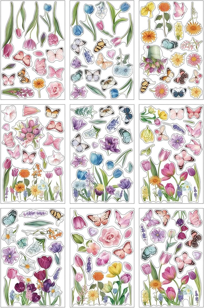 9 vellen vlinder-raamafbeeldingen, lentedecoratie, raamstickers voor glas, kleurrijke tulpenstickers voor huis en kantoor, statisch hechtende zomerdecoratie voor glazen deuren en