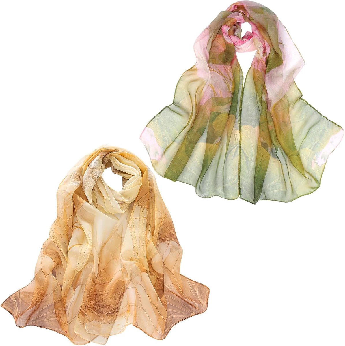 Sjaals voor dames, 2 stuks lichtgewicht Georgette sjaals met bloemenprint, elegante sjaals voor dames, damessjaal voor jurken, bruiloften, strand, lente, herfst, winter, zomer