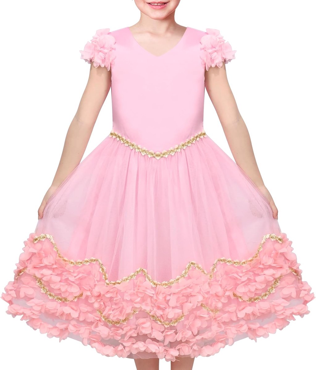 Jurk Roze Bloem Petal Met Goud Trimmen Tule Thee lengte Partij Bruiloft Bruidsmeisje 6-12 jaar