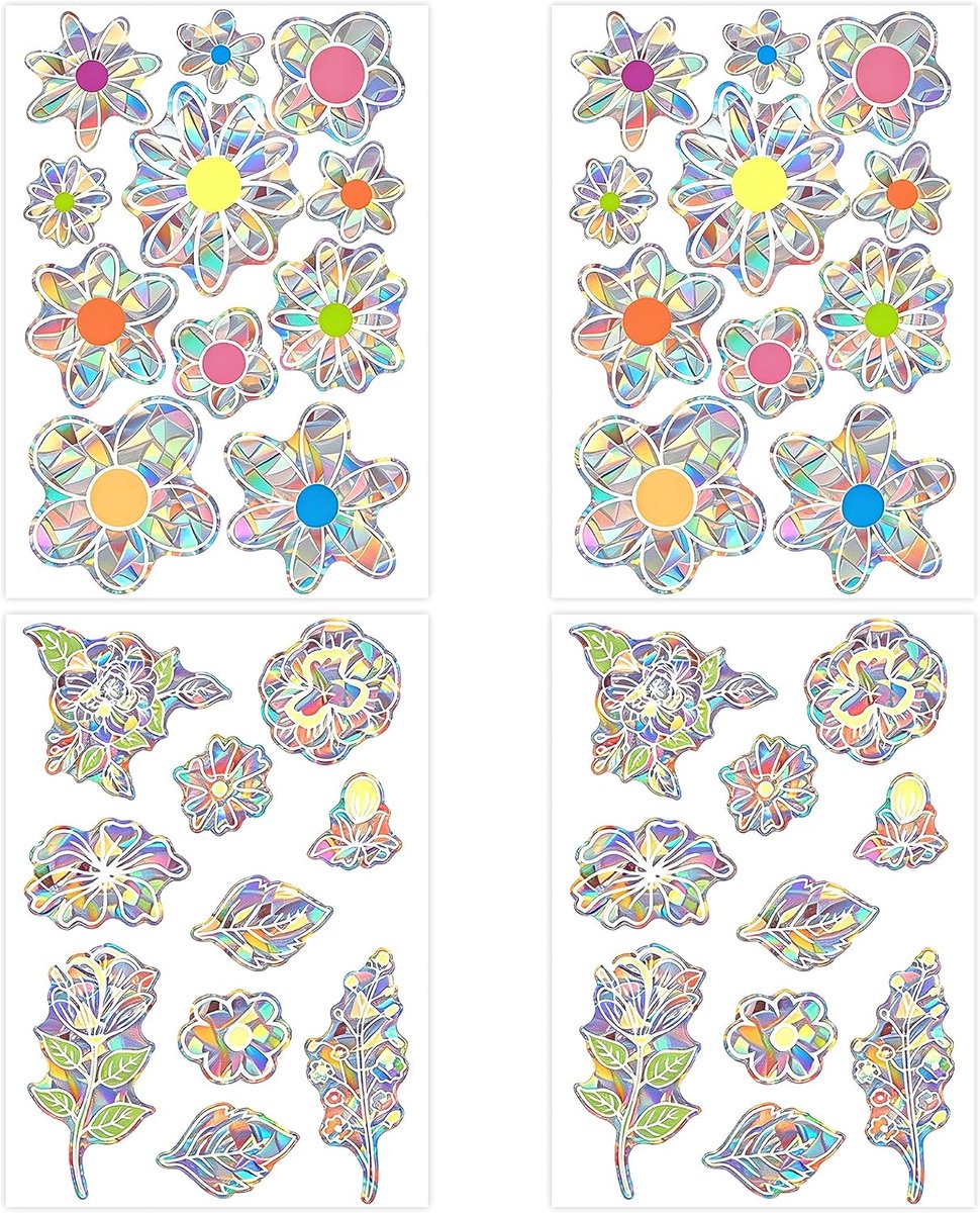 42 stuks raamfoto's, zomer, bloemen, zelfklevend, holografische regenboogfolie, raam met prisma-lichtreflecties, kleurrijke zonnevanger stickers voor glazen ramen, balkon, kinderkamer en