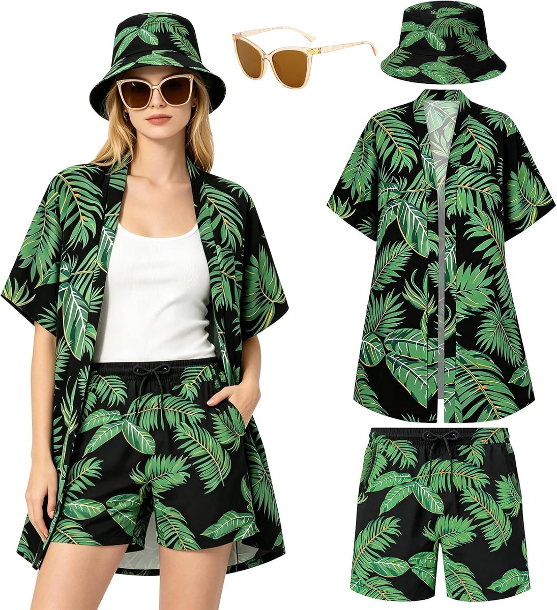 Shirt voor dames, Hawaï-outfit, shirt met korte mouwen, shorts met hoge taille met zakken, hoed en zonnebril, Hawaïaans kostuum, ideaal voor een tropische zomerlook