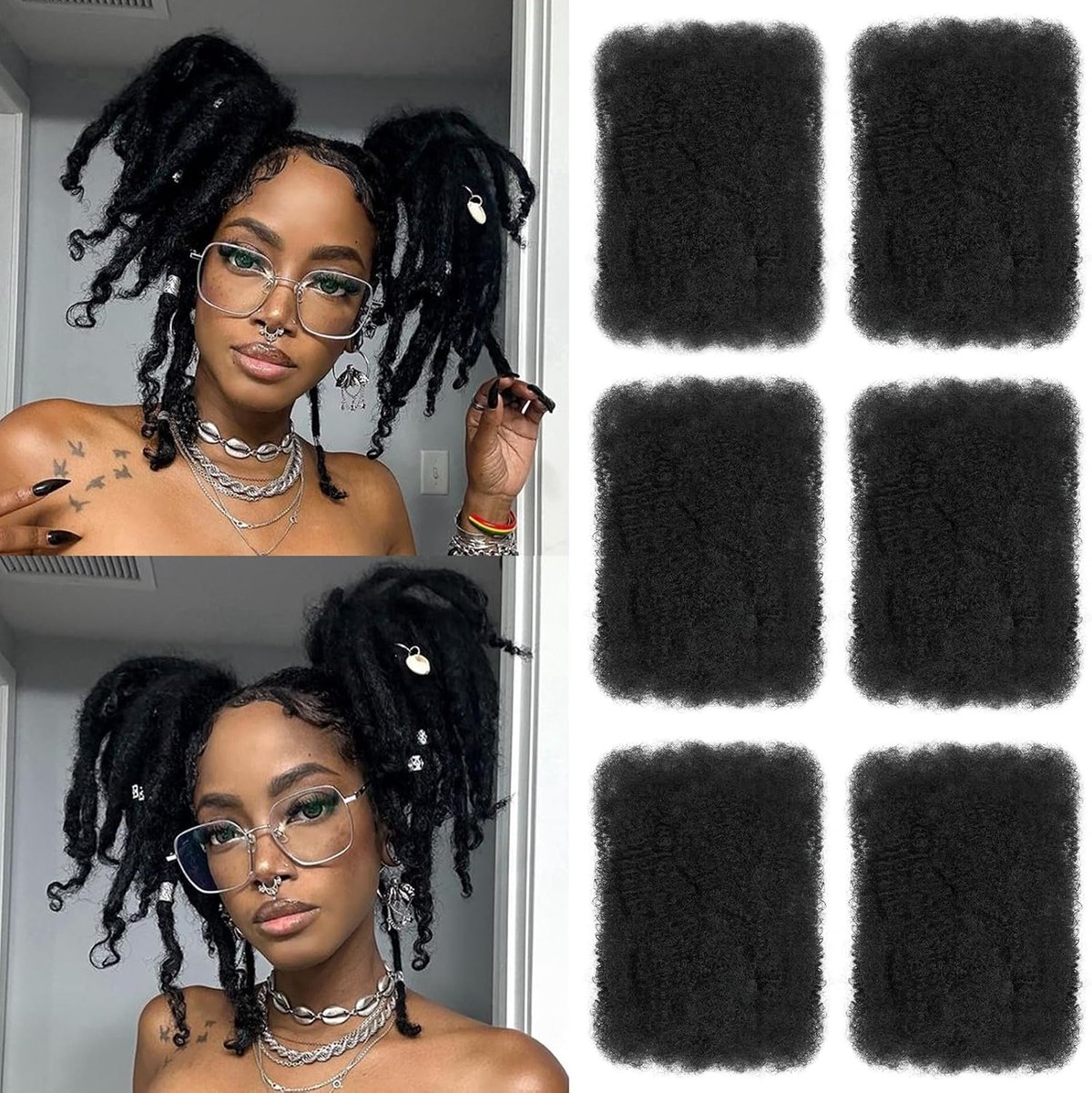 Kinky krullend haar in bulk vlechten voor Mini Twists Soft Locs Micro Spring Twist voor Dreadlocks Loc Reparatie (1B#, 20-32 cm, 6 stuks)