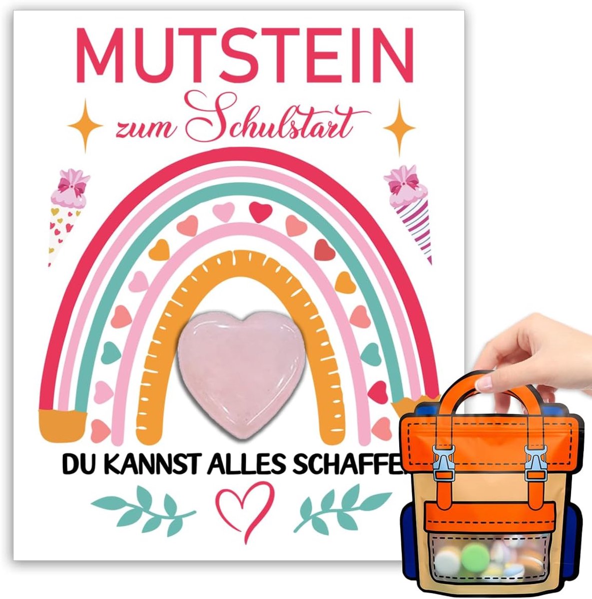 Geluksstenen, geluksbrenger, geluksstenen voor de eerste dag van Cole - set "gelukssteen" voor kinderen, met etui rugzak en cadeaukaart (roze)