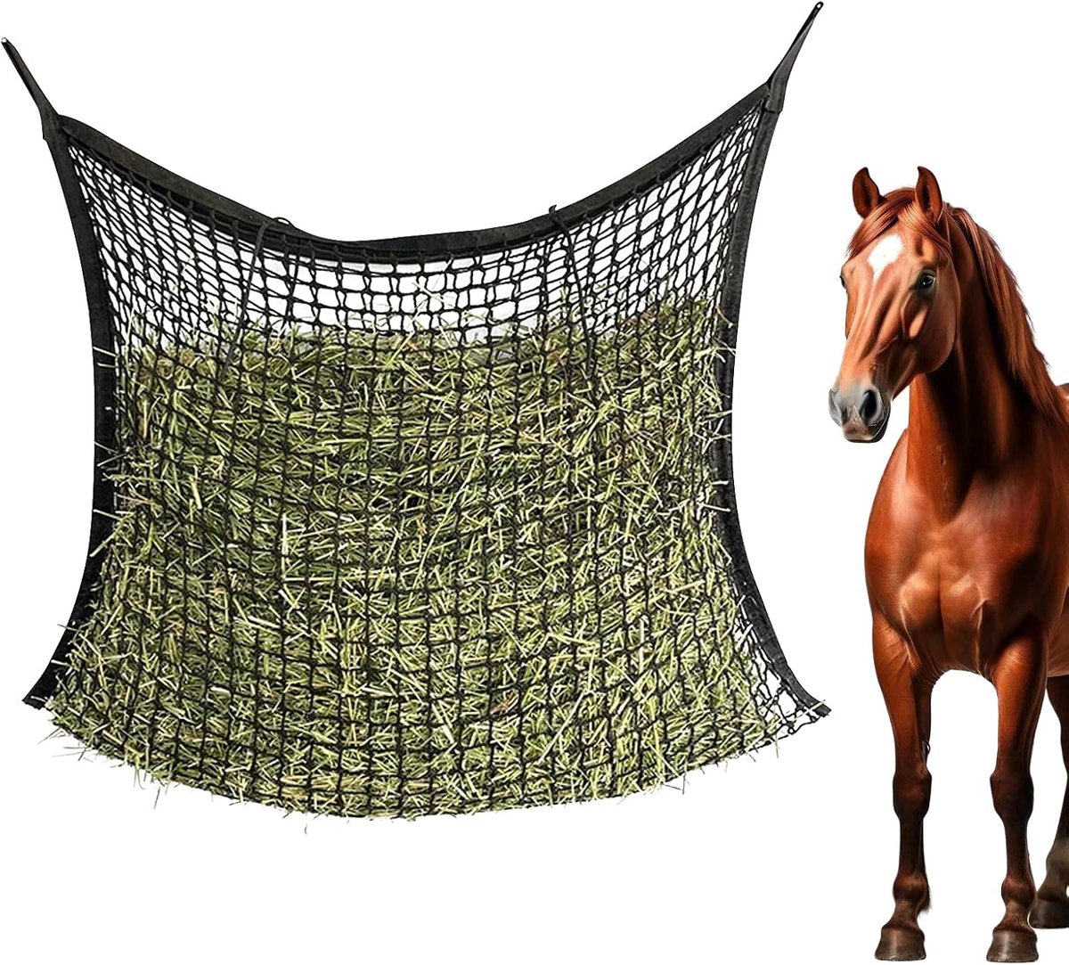 120 x 90 cm hooizak voor paarden, zwart, groot voedernet voor hooi, paardenhooinet, fijnmazig, onderweg voederzak voor diervriendelijke voeding, verbetert de spijsvertering