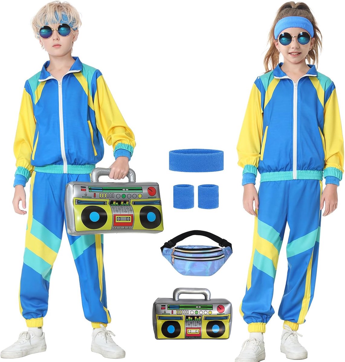 80-kostuum voor kinderen, jaren 90-outfit, trainingspak voor jongens en meisjes, Halloween, carnaval, 4-12 jaar